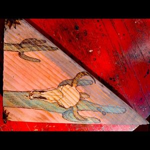 Hand drawn hand burned, red wine stained, wood art